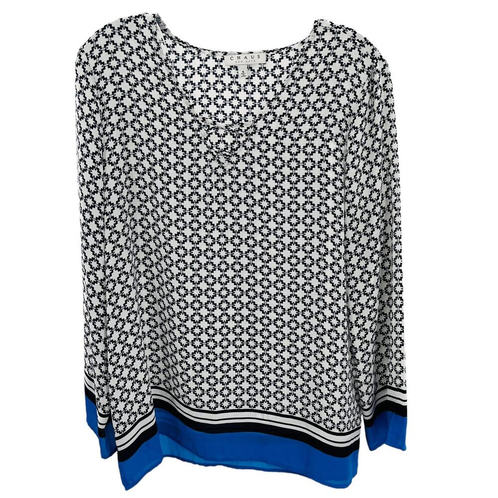 Chaus Navy Blue White Geometric Long Sleeve Solid Border Hem Top Size S NWT - Picture 1 of 9